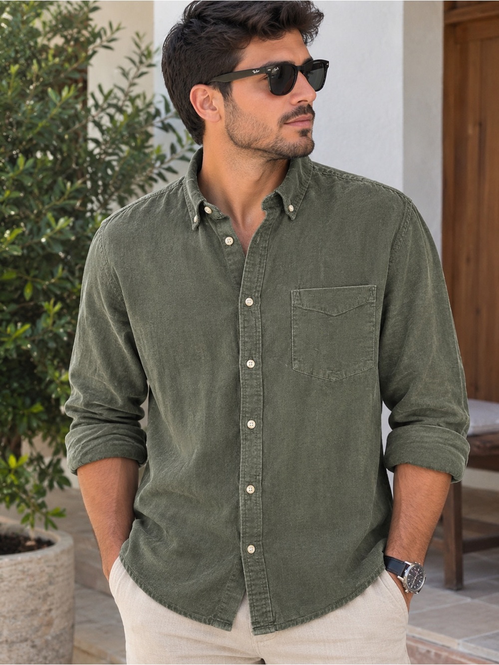 Banana Republic Olive Green Corduroy Button-Down Shirt